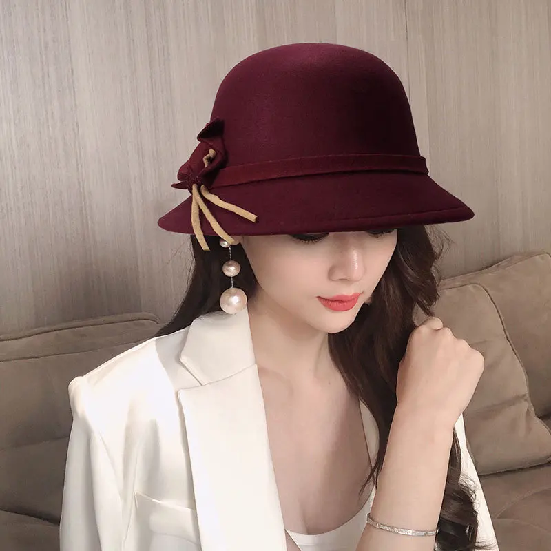 2022 Autumn Winter Fedoras Women Hat Elegant Vintage Bowknot Wool Ladies Hat Dome Felt Wedding Church Jazz Cap Female Bow Bowler