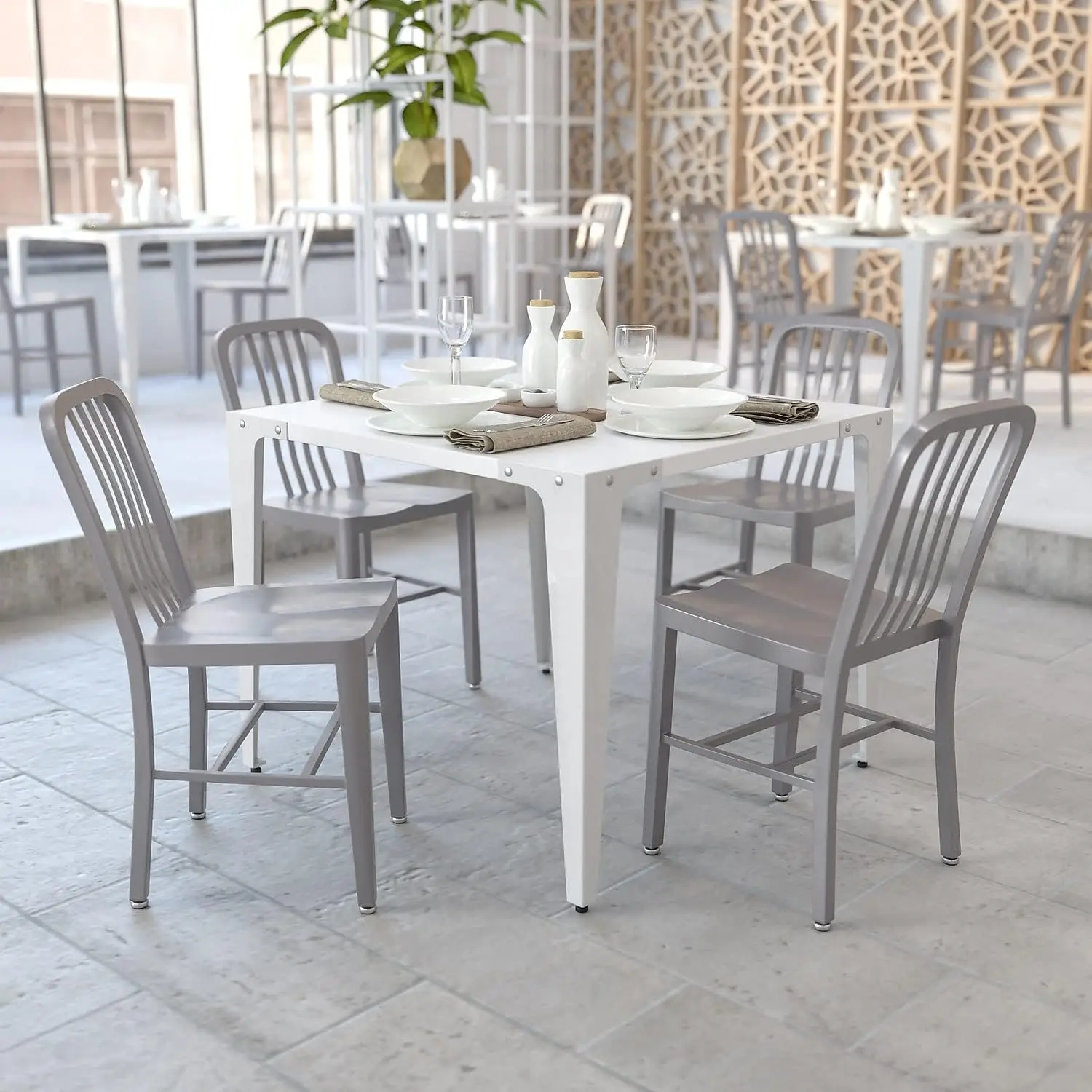 Silver Galvanized Steel Dining Chairs for Indoor/Outdoor Use, Commercial-Grade, Set of 2
