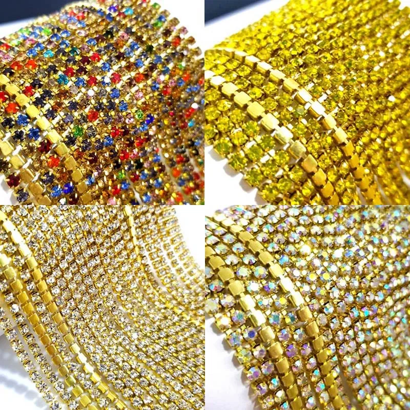 SS8 2.5mm 5yards/lot gold bottom glass crystal Rhinestone Chain, sew on Cup Chains For diy Garment Bags decorations ZLG08