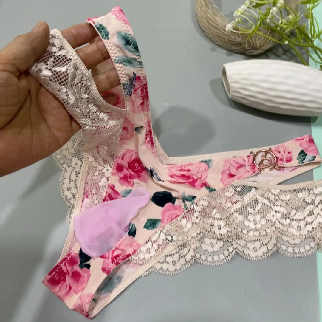 

Man's Pink Thong Briefs Lace Rose Pink Flower Graphics LGBTQ Group BF Panty Harajuku Thailand Male