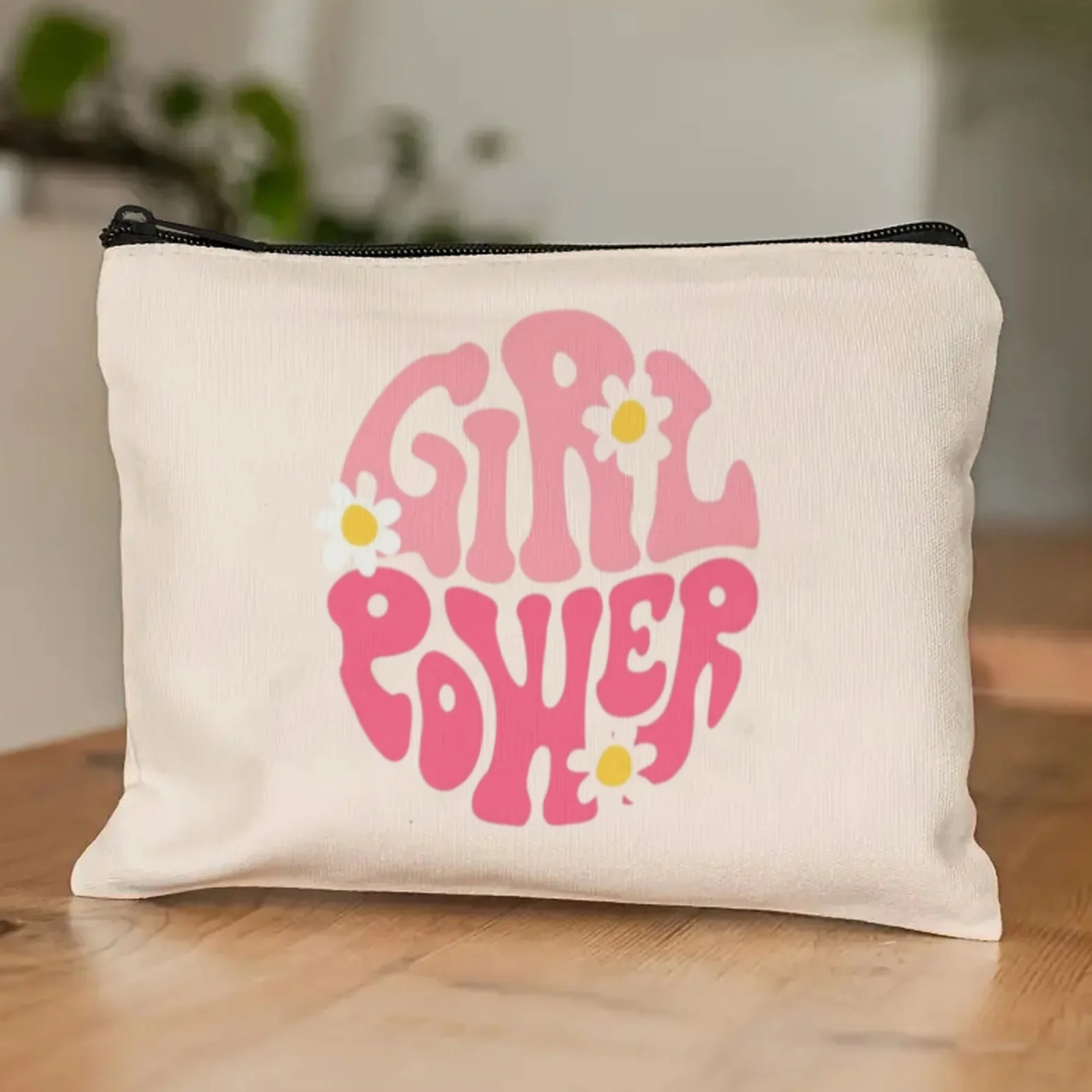 

Daisy-Powered Girl Makeup Bag,Beige Canvas Feminist Pouch,travel Empowering Toiletry Organizer for Strong Women & Girl Bosses