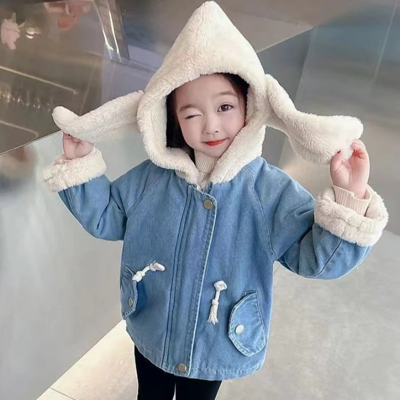 Korean Children's Clothing Winter New Style Girls' Plush Thick Denim Jacket Baby Imitation Fur Warm Windbreaker