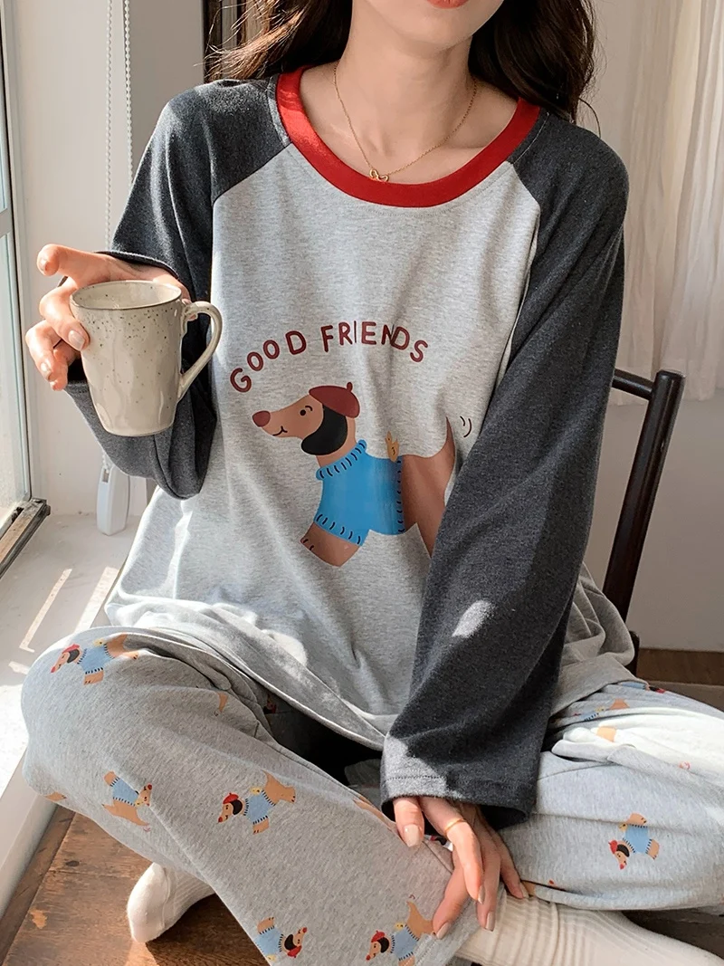Pure Cotton Sleepwear Set Women's Spring Autumn Long Sleeve round Neck Casual Home Clothes Dog Print Comfortable Pajamas