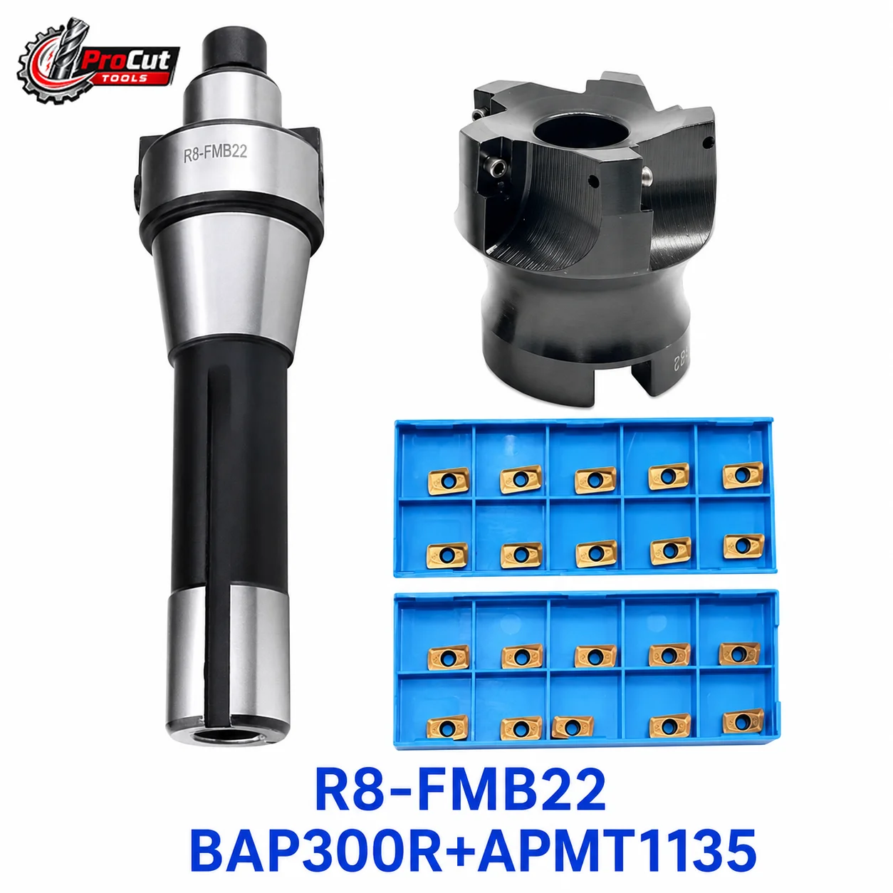1Set R8 FMB22(M12 7/16) Tool Holder+BAP300R Milling Cutter Head, 10PCS APMT1135 Carbide Inserts for CNC Milling