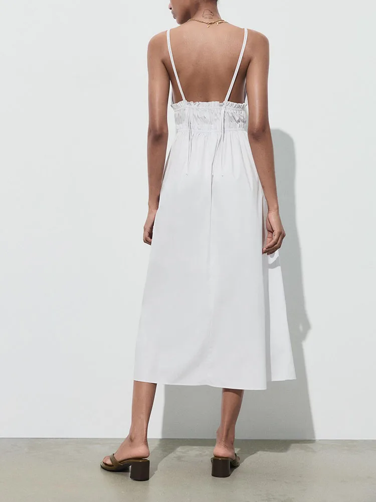 فستان صيفي جديد بسيط وأنيق من الشاش الحريري بدون حمالات وظهر مكشوف متوسط الطول بخصر مرتفع وتنورة طويلة للحفلات بلون واحد