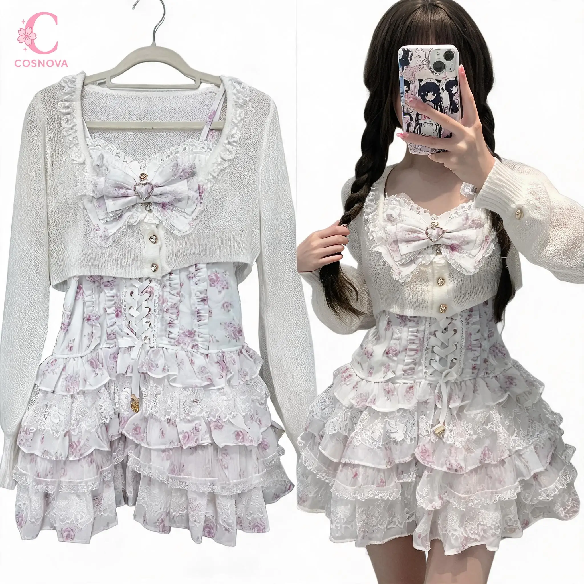 

Japanese Sweet Lolita Lace Floral Print Long Sleeve 2 Piece Sets Women Bow Ruffle Layered Mini Skirt Set Female Daily Clothes