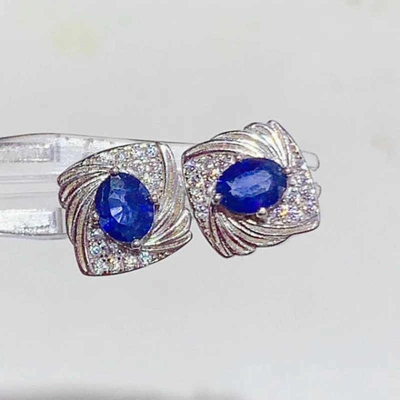 Royal Blue Natural Sapphire Earrings with Certificate Solid 925 Silver 4mm*5mm 0.8ct Genuine Sapphire Stud Earrings for Women