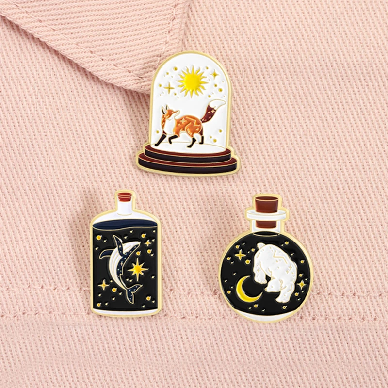 Mystical Celestial Fox Sun Enamel Pins Star Whale Moon Bear in Bottle Animal Celestial Bodies Brooches Lapel Badge Jewelry Gifts