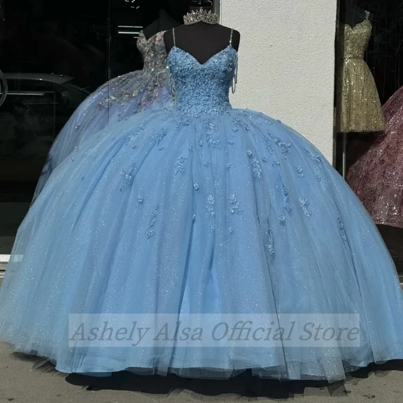 Maßgeschneidertes babyblaues Quinceanera-Kleid mit Applikation, Spitze, Spaghettiträger, Geburtstagsfeier, mexikanisches Mädchen-Abschlussballkleid, Vestidos de 15 Jahre