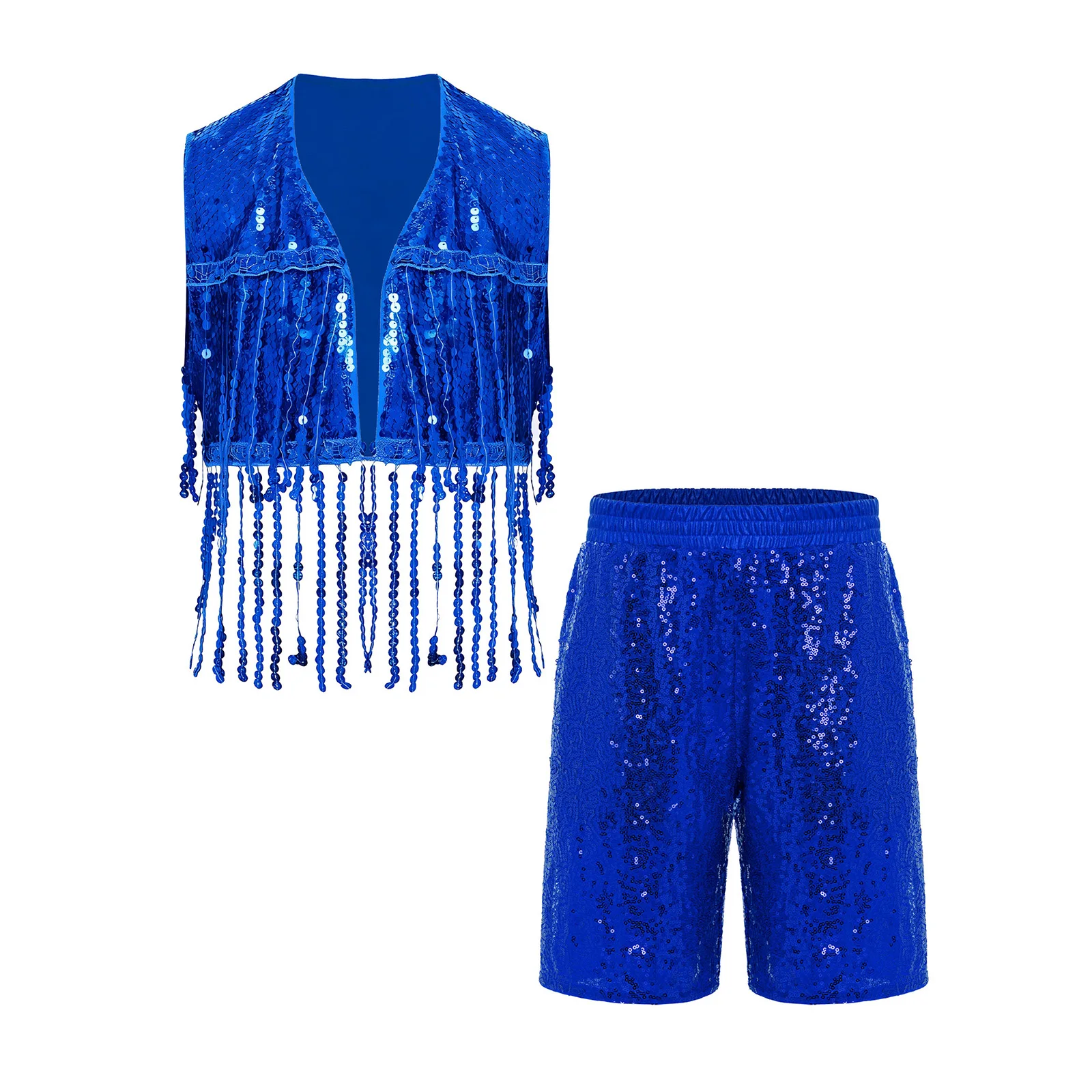Kids Girls Disco Dance Clothing Set Tassel Cap Sleeves Asymmetrical Metallic Crop Top with Flared Pants for Stage Pageant Wear