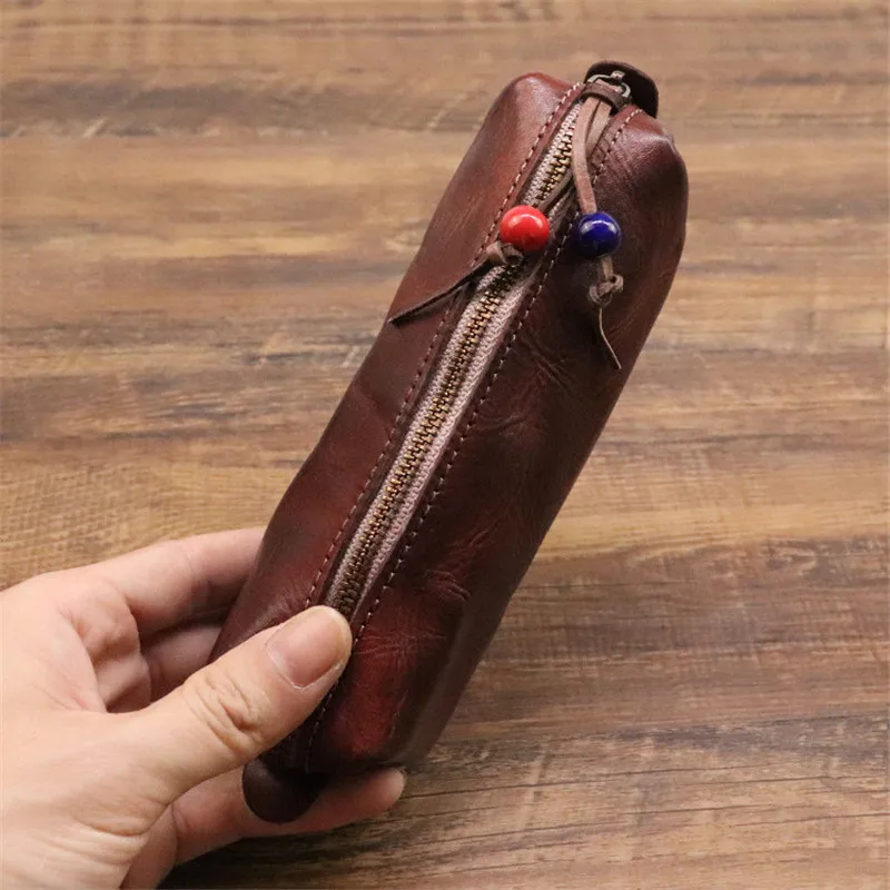 Simple vintage natural genuine leather men women's glasses bag real cowhide small storage bag student coin purse pencil case