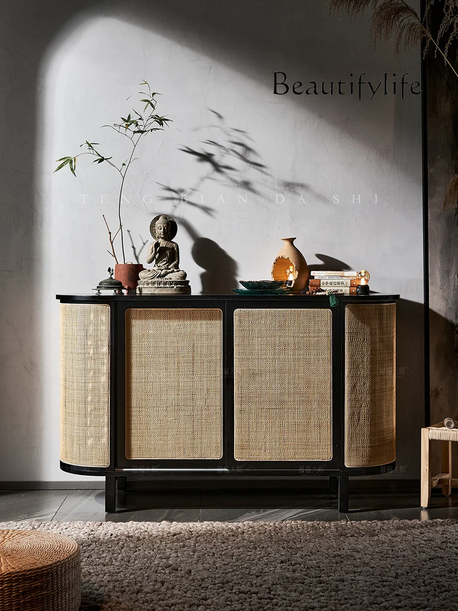 

Nordic medieval style solid wood dining side cabinet sliding door simple rattan storage entrance cabinet