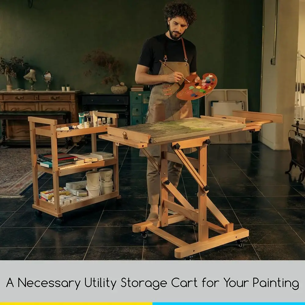 3-poziomowy wózek na kółkach z drewna bukowego do przechowywania materiałów plastycznych, uniwersalny wózek studyjny na artykuły szkolne