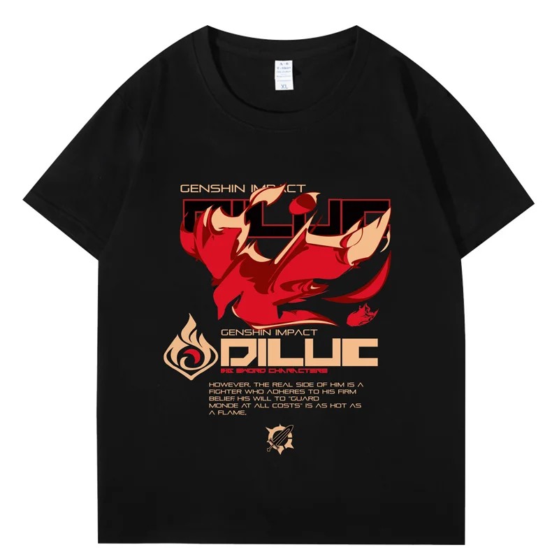 Anime Genshin Impact Cosplay Diluc Ragnvindr Short-sleeved T-shirt 100% Cotton Men Women Black T-shirts