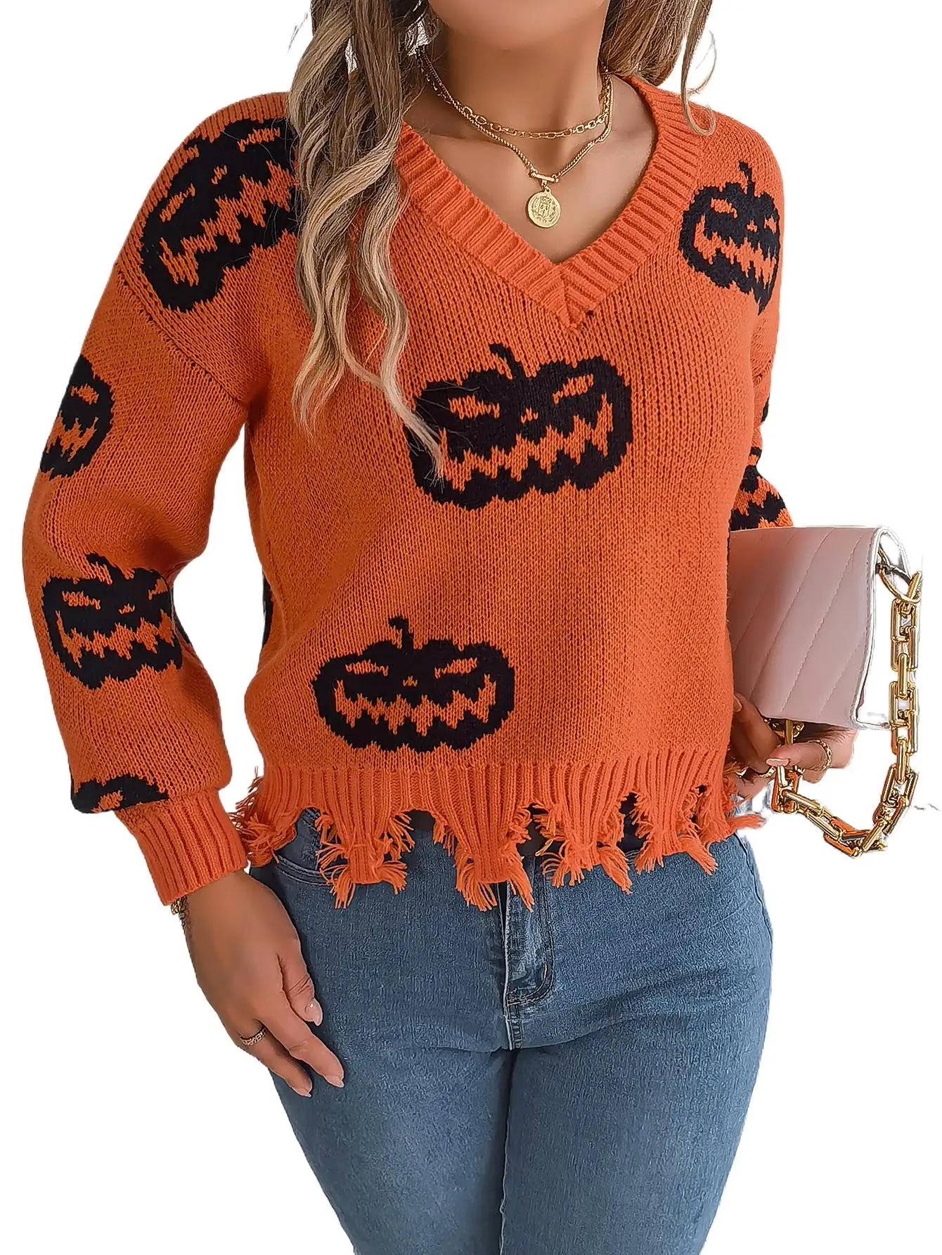 

2025 New Fashion Printed Knitted Sweater Women In Winter Casual Loose V-neck Halloween Long-sleeved Top For Women
