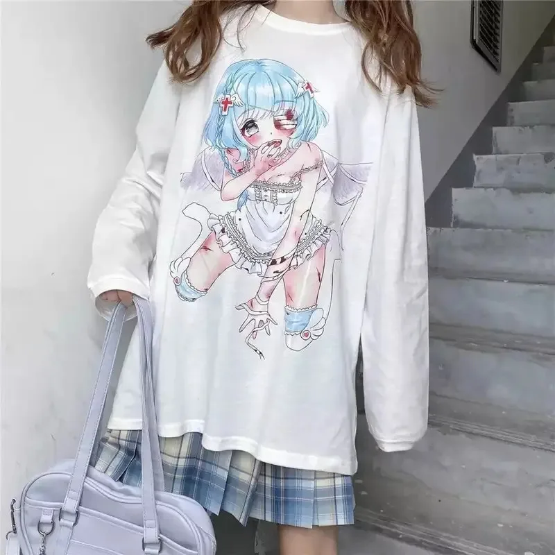 

DY20Womwn T-shirt Long Sleeve Female Soft Girl Japanese Cute Anime Girl Print Autumn 2021 New Loose T-shirt Student Top Streetwe