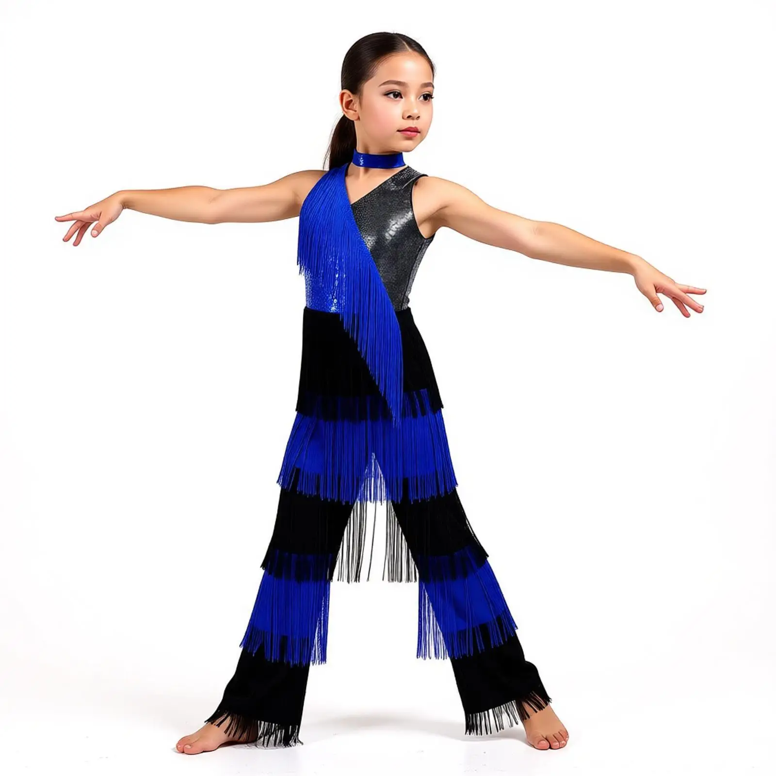

Sequins Tiered Tassel Jumpsuit for Girls Latin Cha Cha Dance Performance Samba Fringe Pants Full Bodysuit Dance Performance Wear