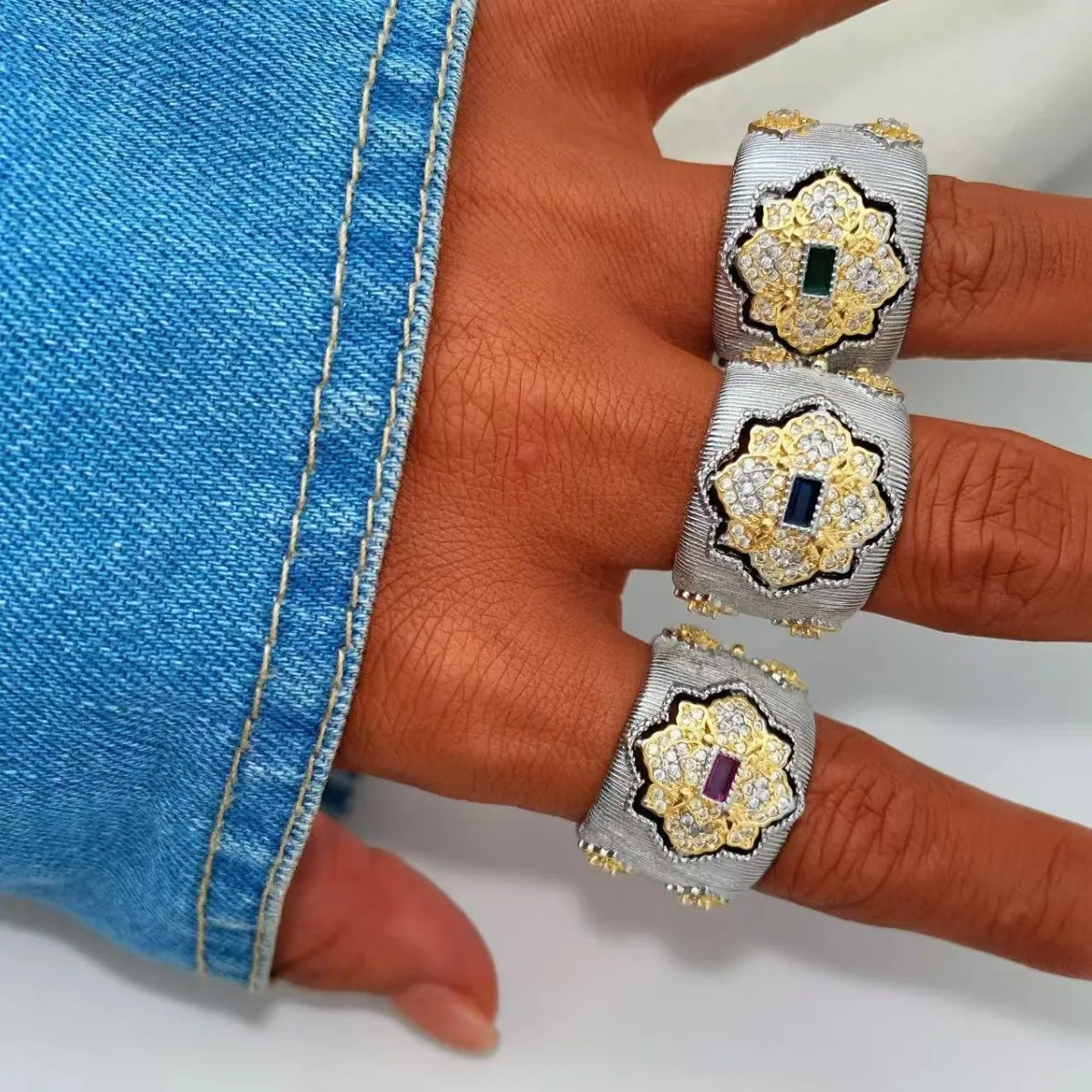 Italian Craft Brushed Texture Two-tone Electroplated Zirconia Bracelet and Ring Set