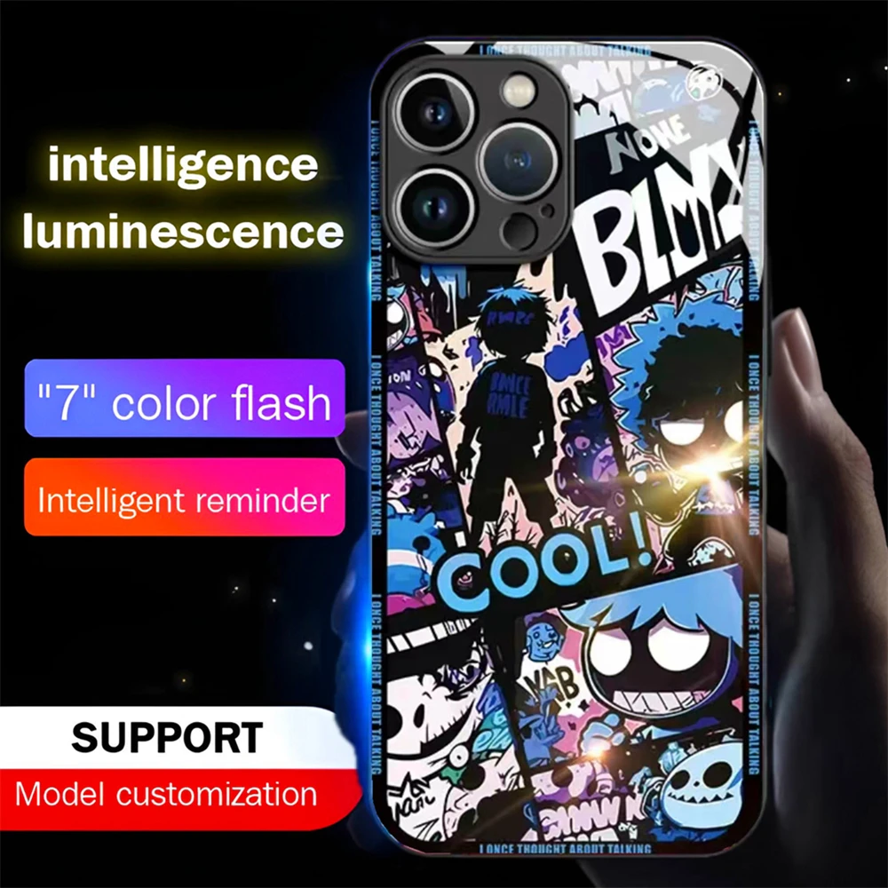 Street Graffiti Art Smart LED Light Glow Tempered Glass Phone Case For iPhone 15 14 13 12 11 Pro Max XR XS Plus 6 7 8 SE2020