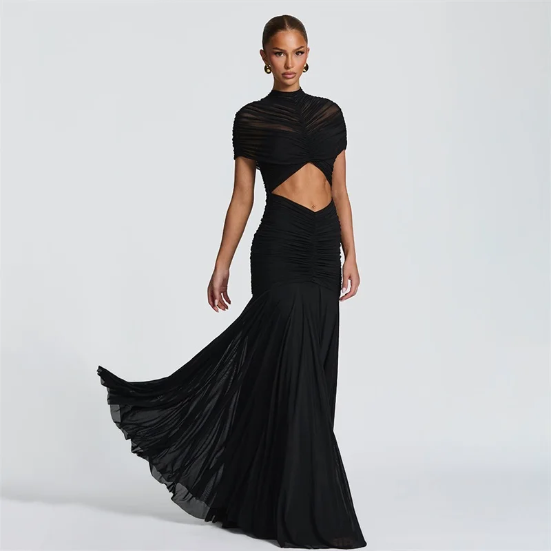 

Black Lace Ruffles Prom Dress Sexy Hollow Short Sleeves High Neck Party Gown Formal Wedding Guest Birthday Evening Robe