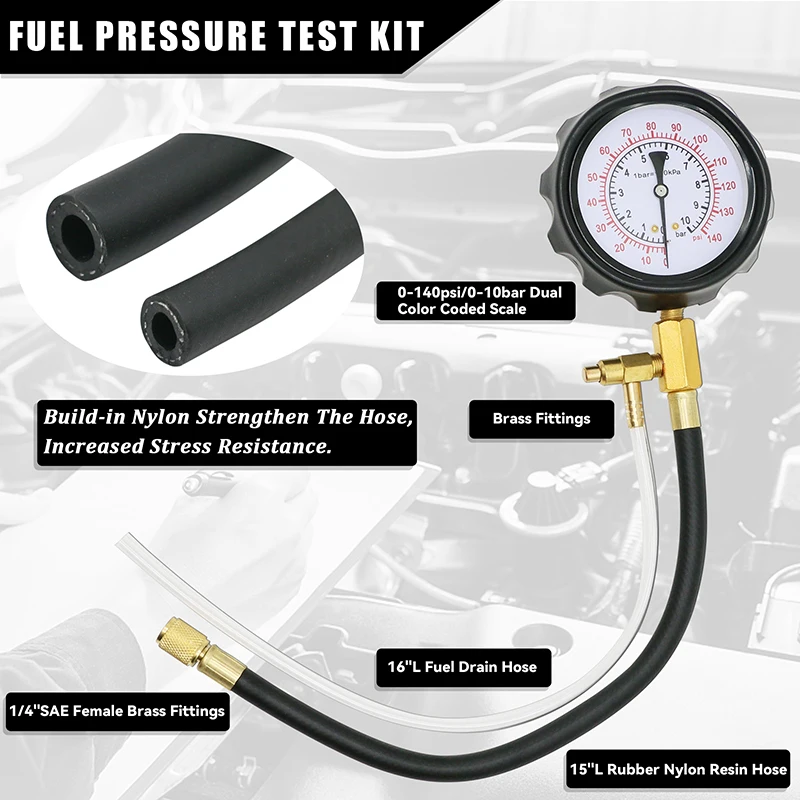 TU-114 Fuel Injector Pressure Gauge Tester Kit Diesel Engine Compression 0-140 PSI Gas Oil Pressure Tools for Car Motorcycle