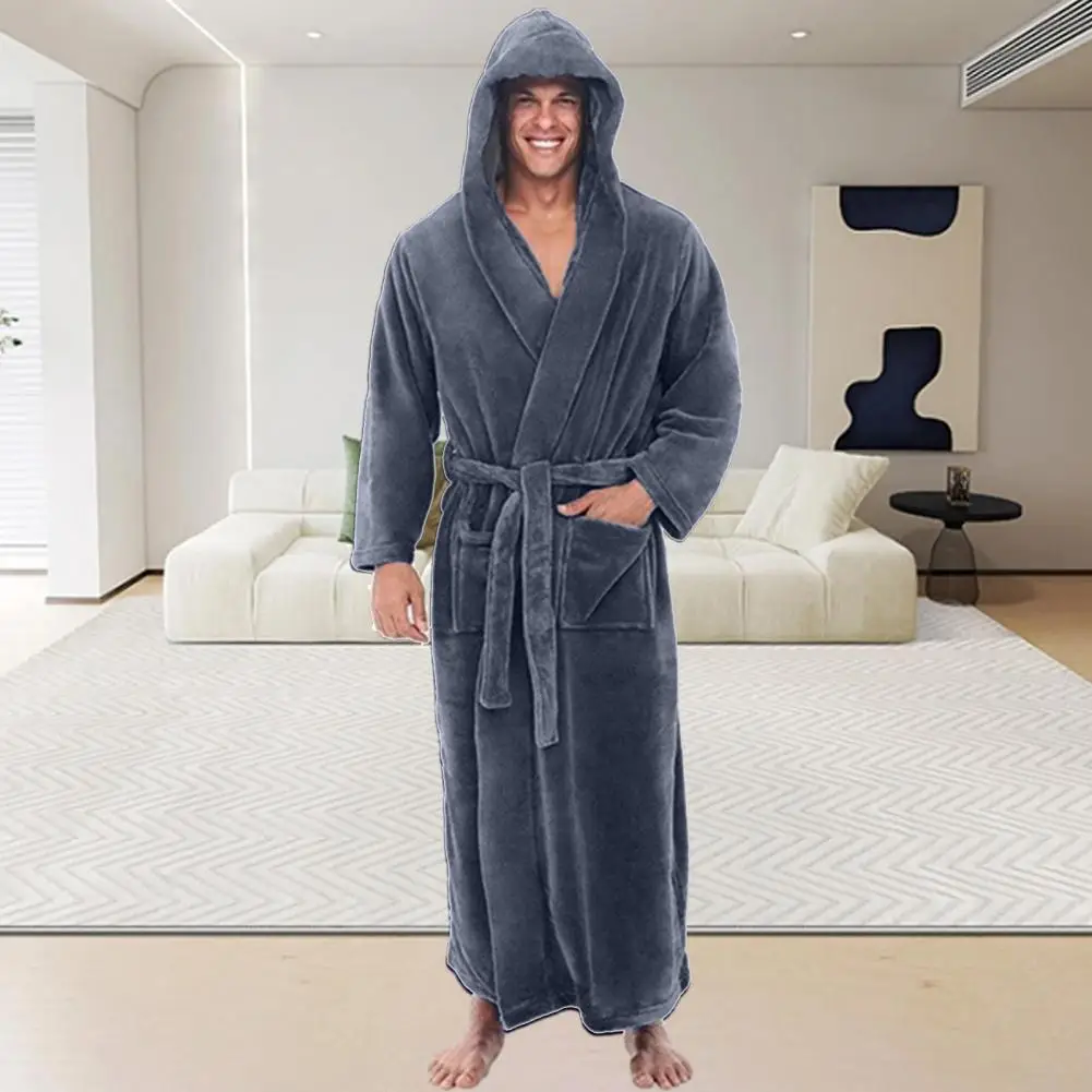 Men Hooded Bathrobe with Adjustable Belt Super Soft Fluffy Highly Absorbent Solid Color Pocket Design Male Bathrobe