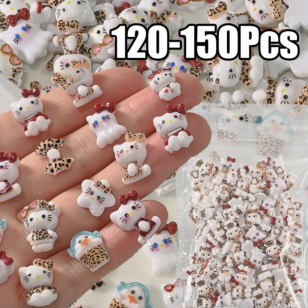 

120-150PCS 3D Mixed Leopard Hello Kitty Nail Charms 8x11mm Kawaii Cartoon Leopard KT Cat Nail Art Cute Bow Leopard Cat Nail Part