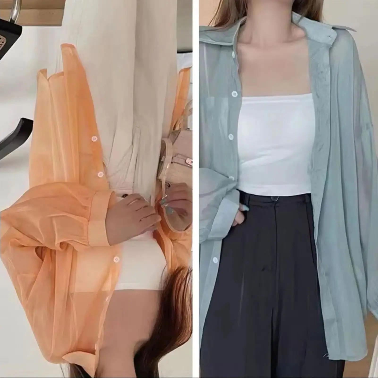 

See-through Long Sleeve Shirt for Women Shimmer Button Down Collared Plain Lightweight Shirt Spring Summer Chic Tops Outfit