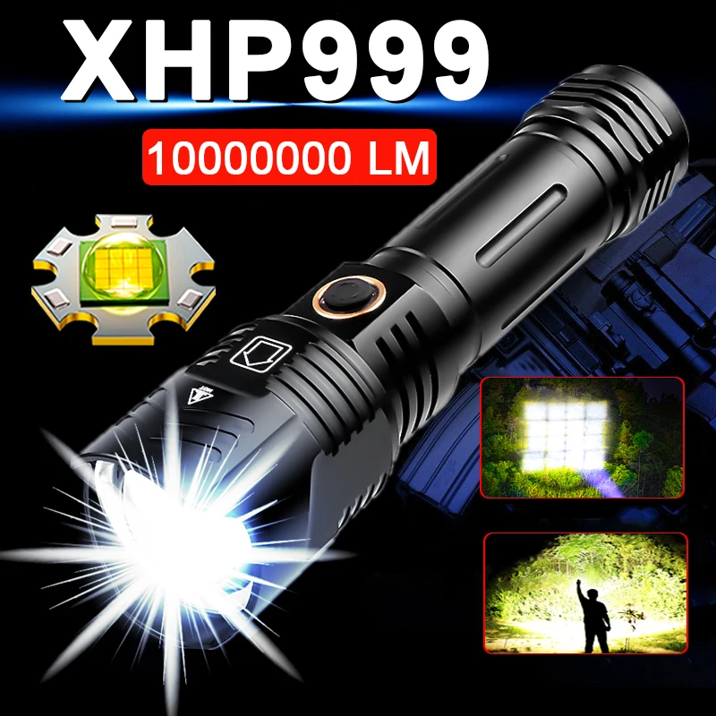 10000M XHP999 Powerful LED Flashlight XHP50.2 High Power Torch Light Rechargeable Tactical Outdoor Lights 18650 USB Camping Lamp