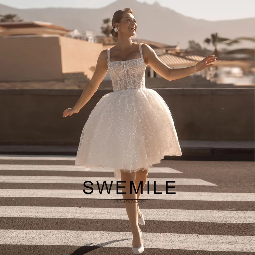 Короткое свадебное платье SWEMILE А-силуэта с вырезом «сердечко», блестящее, с мини-бантиками на бретельках, Vestido de novia 2026, на заказ