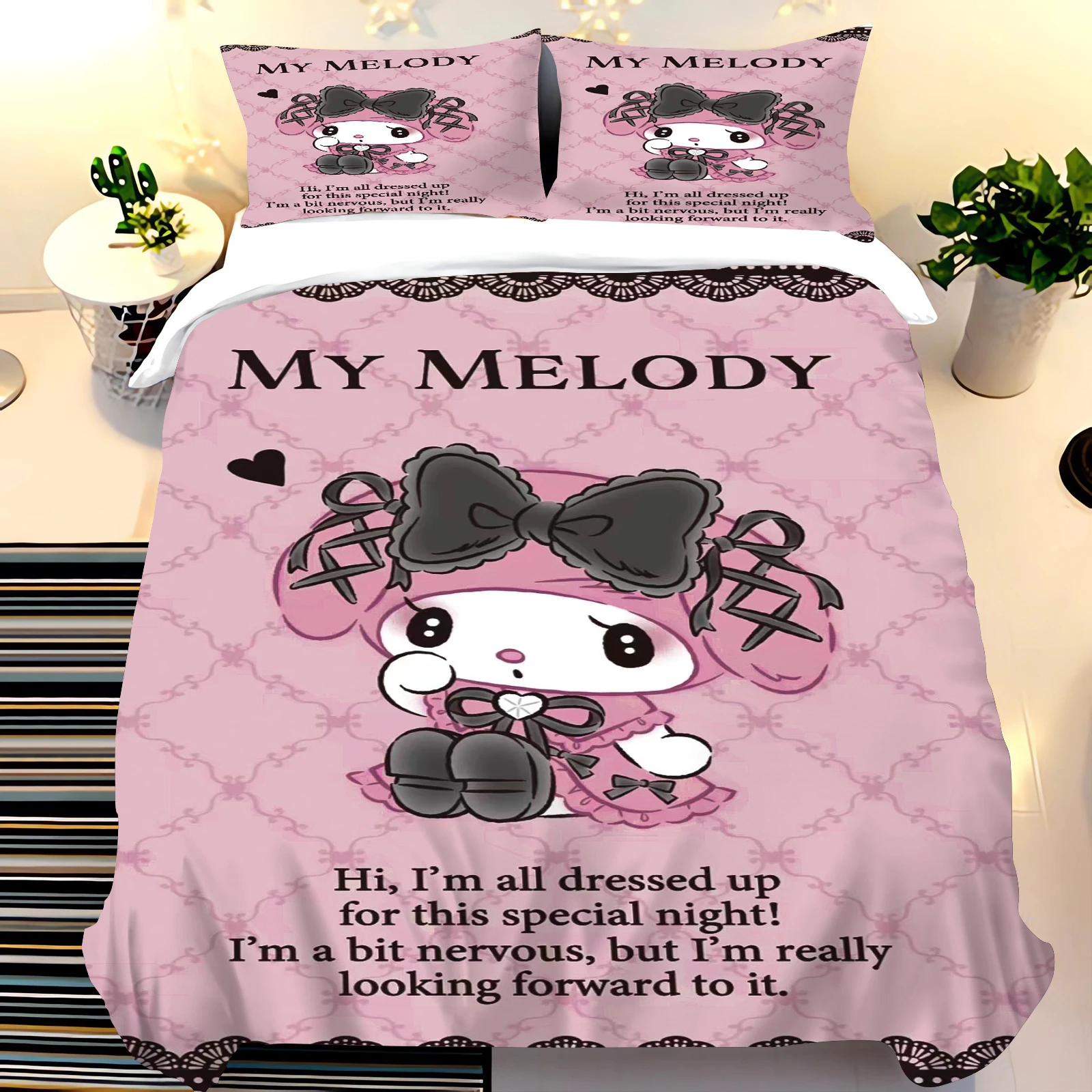 Cartoon-Bettbezug My Melody für Kinder Mädchen Doppelbett 3-teilig Bedruckte Heimtextilien Maßgefertigtes Set Kingsize