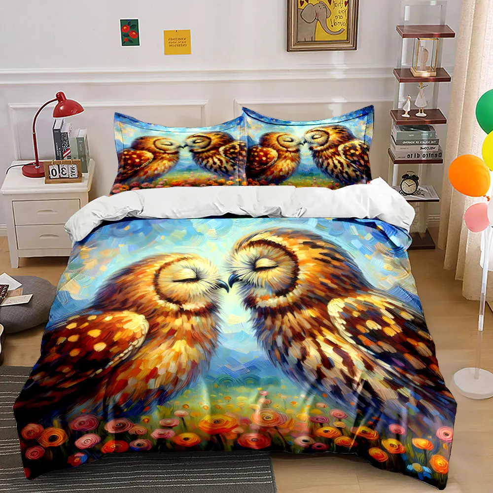 Two owls sharing warmth Printed Duvet Cover Set 1 Duvet Cover+2 Pillowcase Multi Size Bedroom Bedding Decor Machine Washable