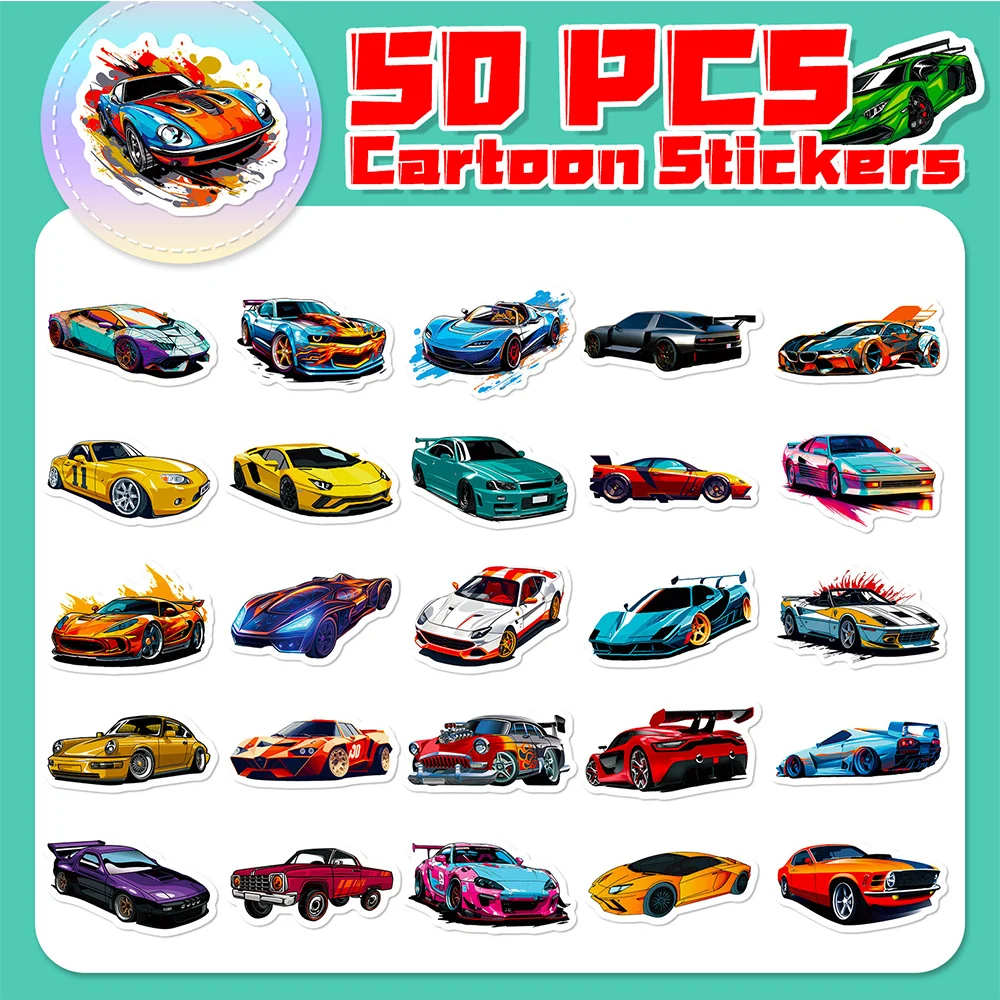 10/30/50/100pcs Supercar Stickers Cool Cartoon Retrofit Racing Car Decal Toy DIY Motorcycle Travel Luggage JDM PVC Sticker Packs