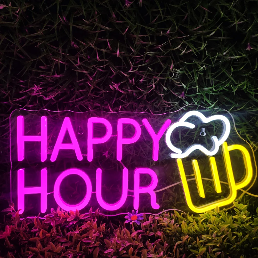 Happy Hour-LED Neon Light Signs, Bar, Clube, Party Logo, Light Up Sign, Alimentado por USB, Beer Room Decor, Decoração do Hotel, Pub, Café, Loja de Lâmpada de Parede, Itens