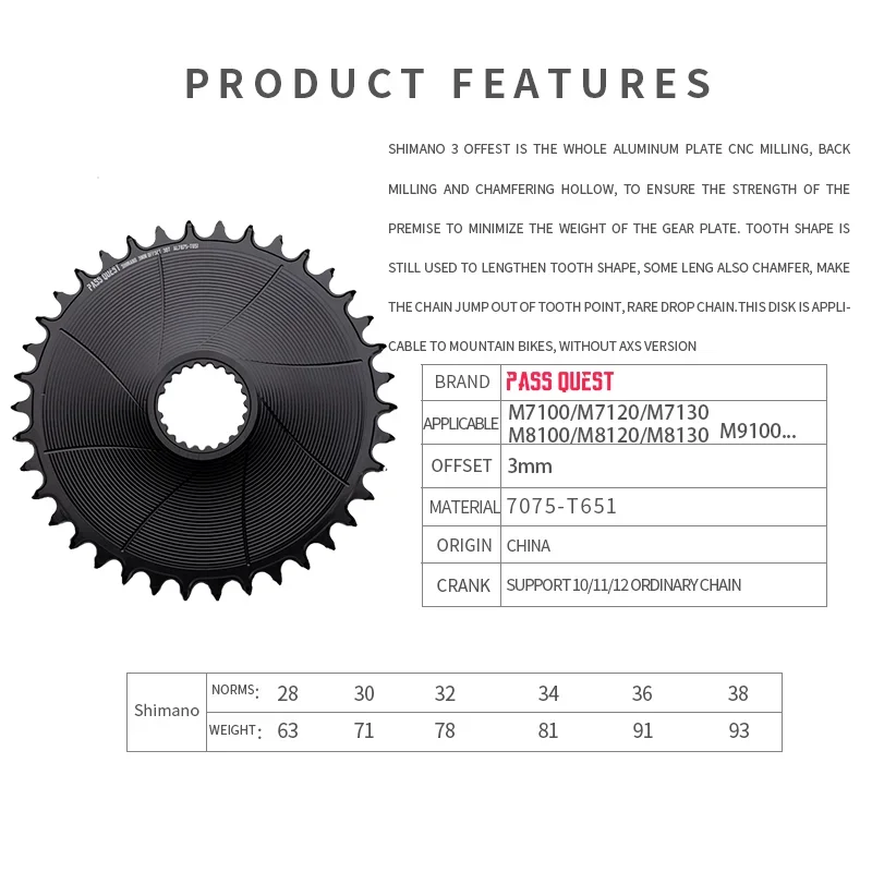 PASS QUEST 3mmOffest AERO Round Narrow Wide Chainring Black and Silver 28-38T  for M6100 M7100 M8100 M9100 Direct Mount Crank