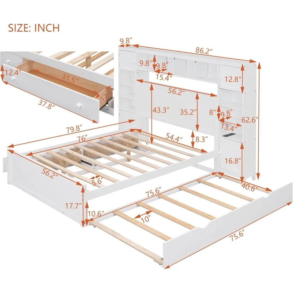 سرير تخزين كامل مع لوح أمامي لخزانة الكتب، وسرير بمنصة كاملة الحجم مع درجين للتخزين، وسرير من الخشب الصلب بالحجم الكامل Fr