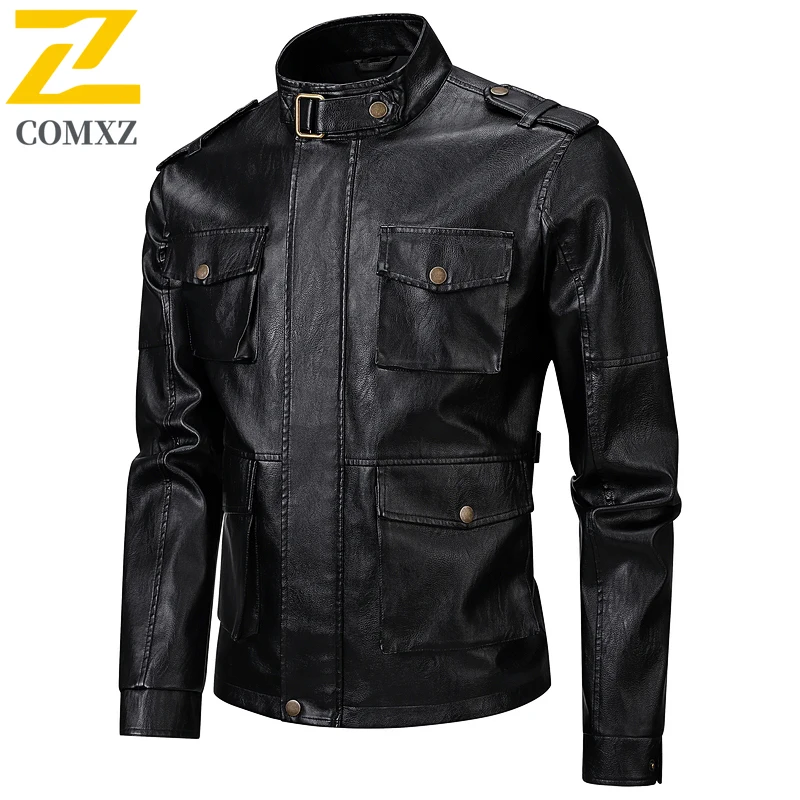 2025 New Men's Slim PU Leather Jacket Fashion Trend Korean Slim Fit Casual PU Faux Leather Coat Motorcycle Jacket Spring Autumn