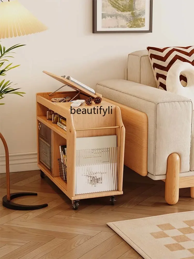 

xz1Solid Wood Side Table Living Room Sofa Removable Side Table Bedside Storage Tea Cabinet Japanese Style with Wheels Trolley