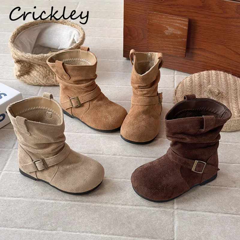 

Solid Buckle Kids Fashion Boots Autumn Winter Pleated Slip On Girls Mid-Calf Shoes Short Fleece Warm Soft Children Boots