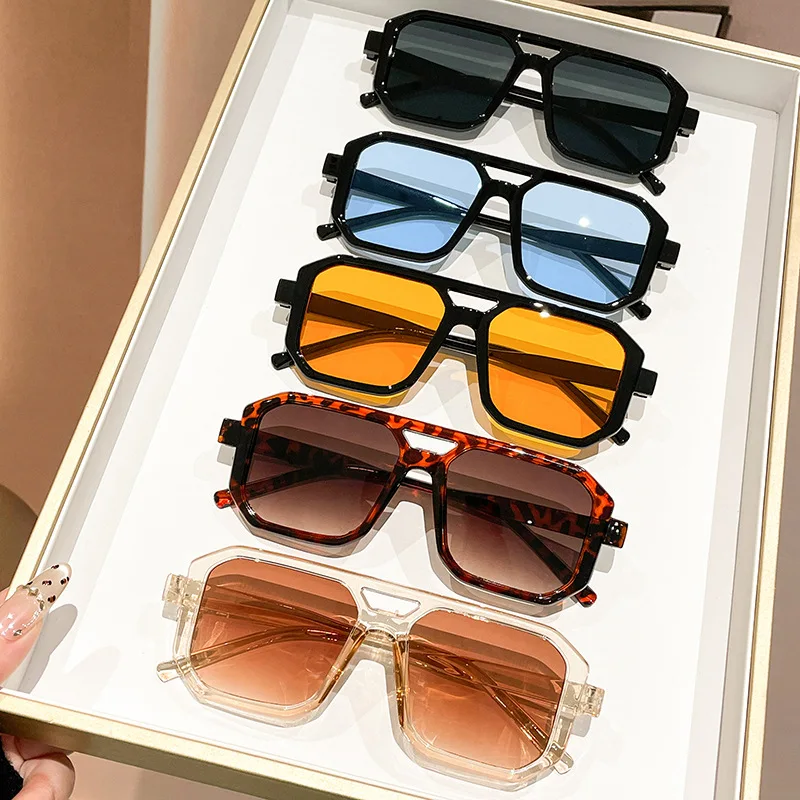 Retro Square Double Beam Sunglasses Men Women High Quality Outdoor Travel Ultraviolet Protection Sun Glasses UV400 Eyewear