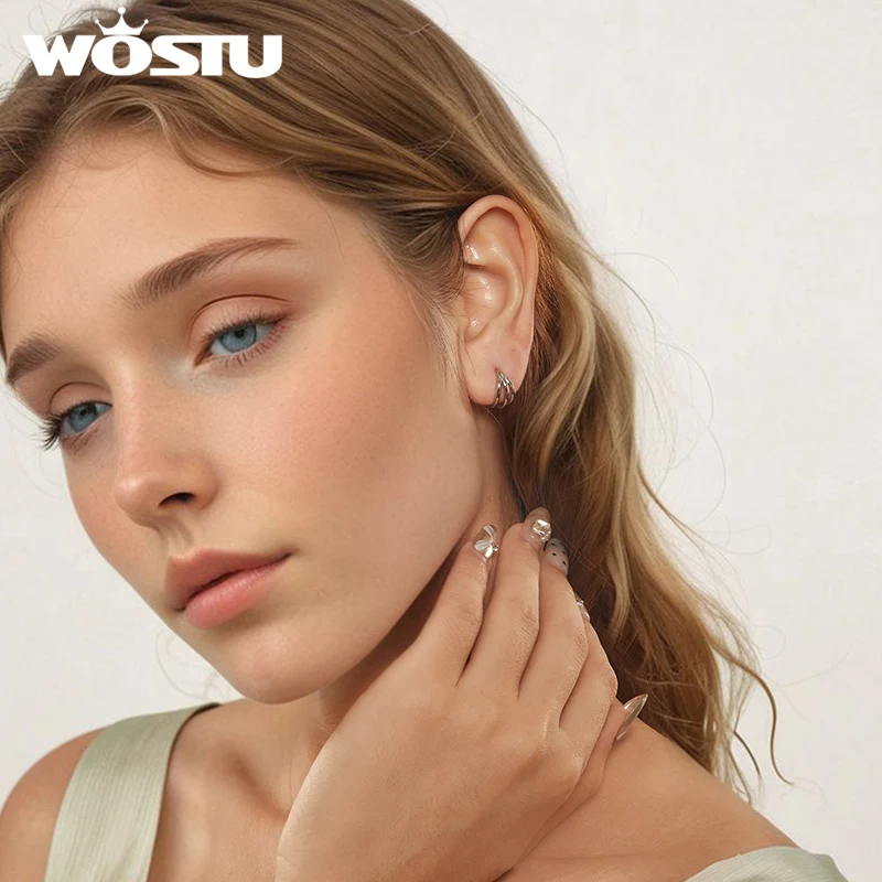 WOSTU 925 Sterling Silver Multilayer C Shape Circle Hoop Earrings for Woman Wedding Engagement Triple Split Loop Huggie Earring