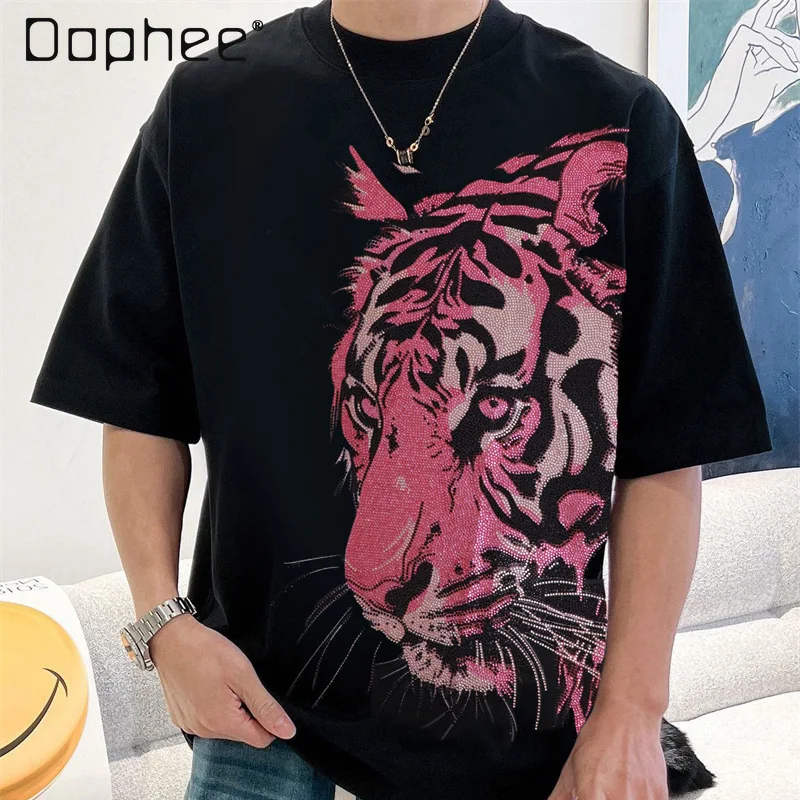 

Rhinestones Red Tiger Head Loose Short Sleeve T-shirt Street Hipster Cartoon Print Drop Sleeve Oversized T Shirt Men Clothing