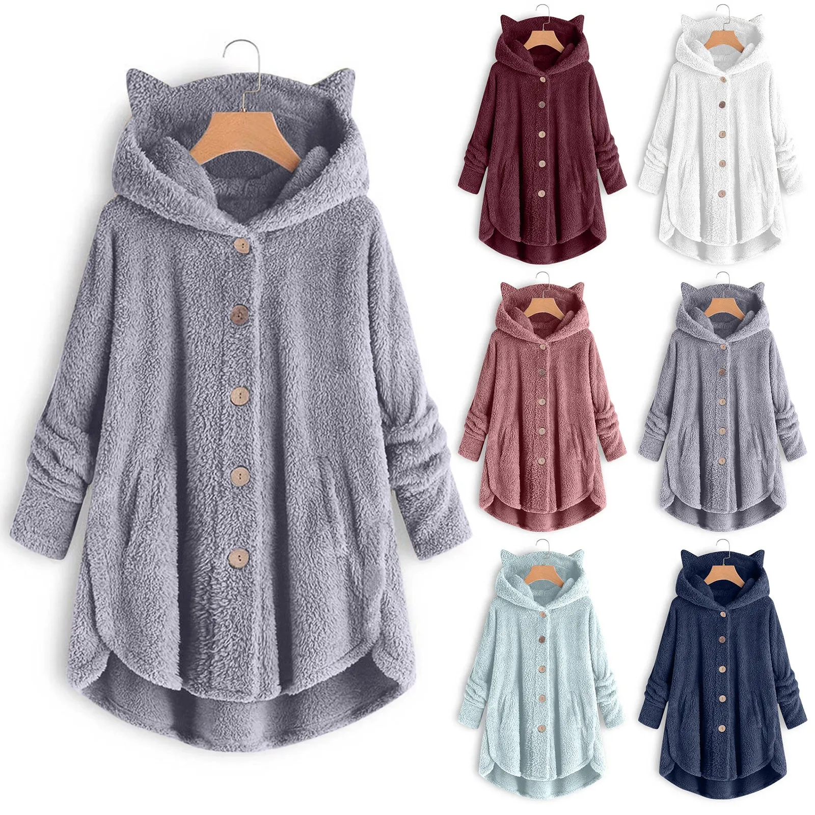 Cappotto invernale da donna con bottoni con cappuccio orecchio di gatto peluche Top irregolare giacca di colore solido di marca alla moda per le donne cappotti di piume Parka