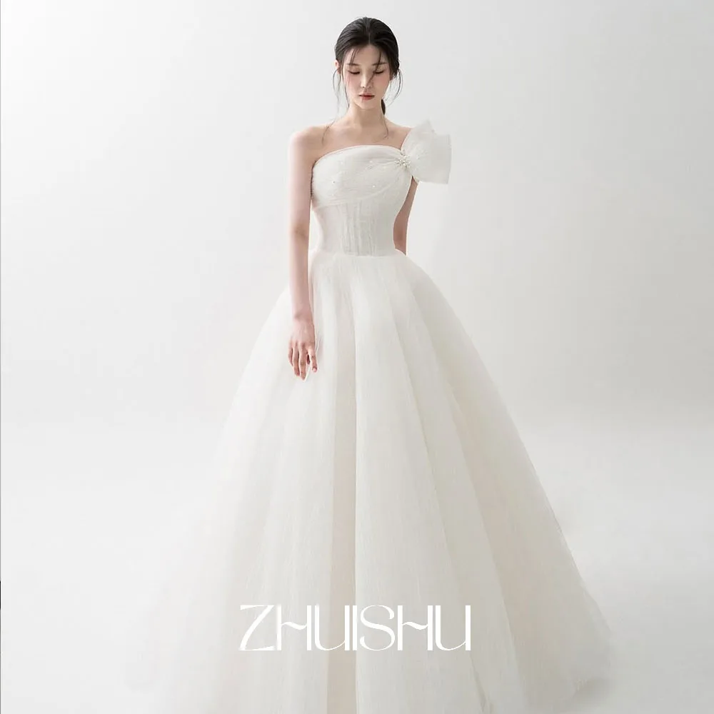 ZHUISHU One Shoulder Fluffy Korean Wedding Dresses Photo shoot A Line Fairy Bridal Gowns with Pearls Party Evening Customized