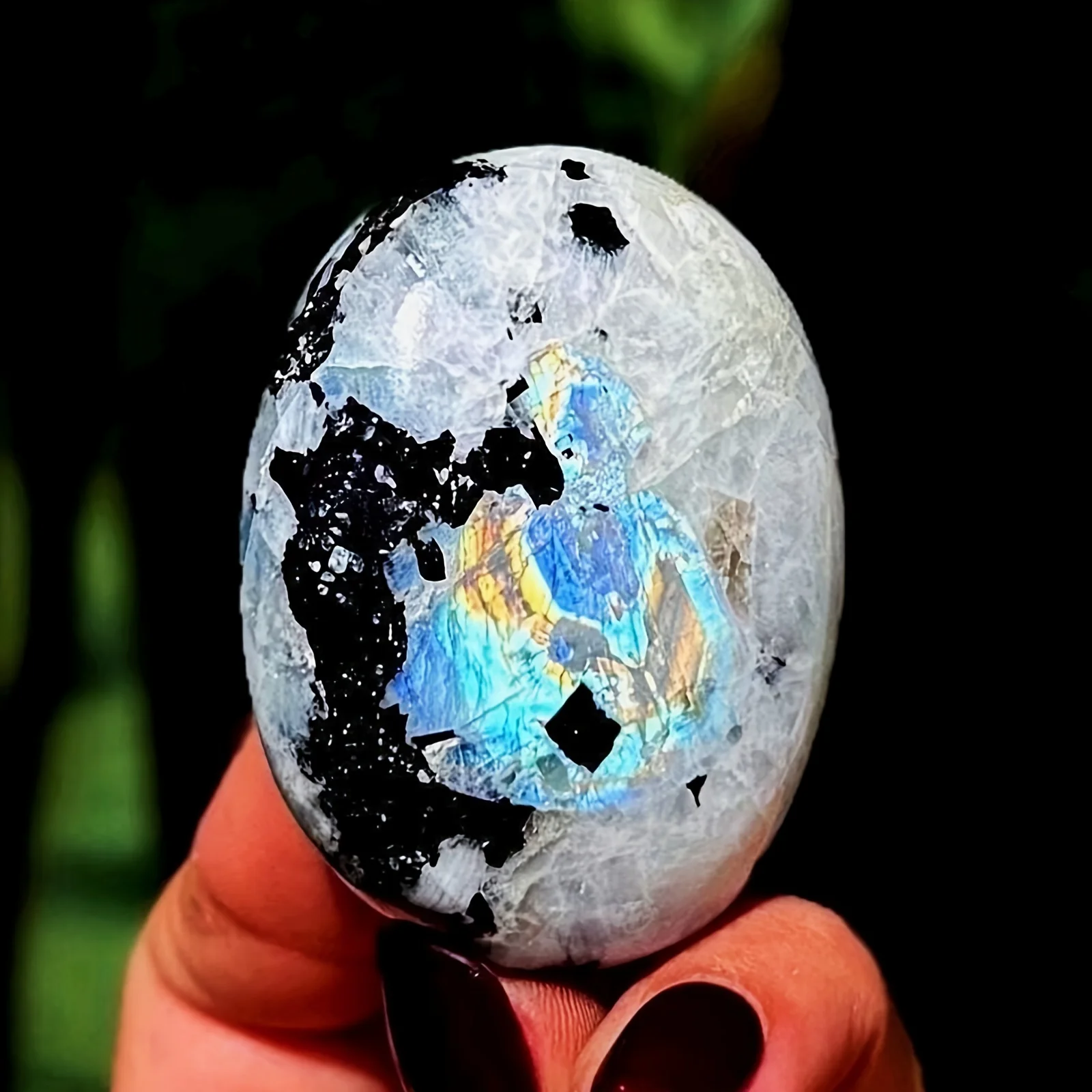 1pc Natural Rainbow Moonstone Grinding Stone - Bohemian Multicolor Iridescent with Black, Polished Oval-like Irregular Shape