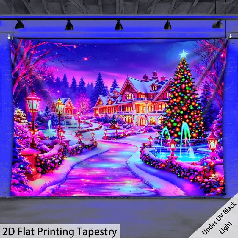 VIKAMA Blacklight Neon Christmas Mansion Fountain Village UV Reactive Tapestry Xmas Wall Hanging Home Decor Soft Durable Cozy