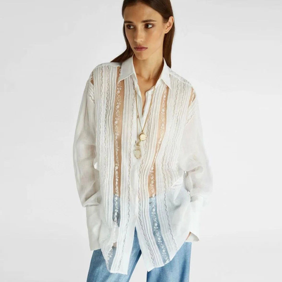 

Exquisite Handmade Embroidery Hollow out Pearl White Silk Shirt Long Sleeve Women's Fashion Vintage Style Slim Fit Top