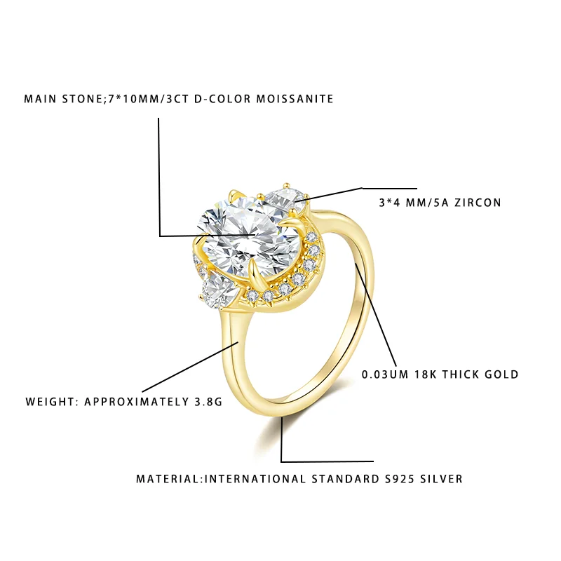 

«Женское роскошное кольцо с муассанитом» — камень D-цвета 3 карата, серебро S925, позолота 18 карат с цирконом 5А, элегантное заявление для помолвки Je