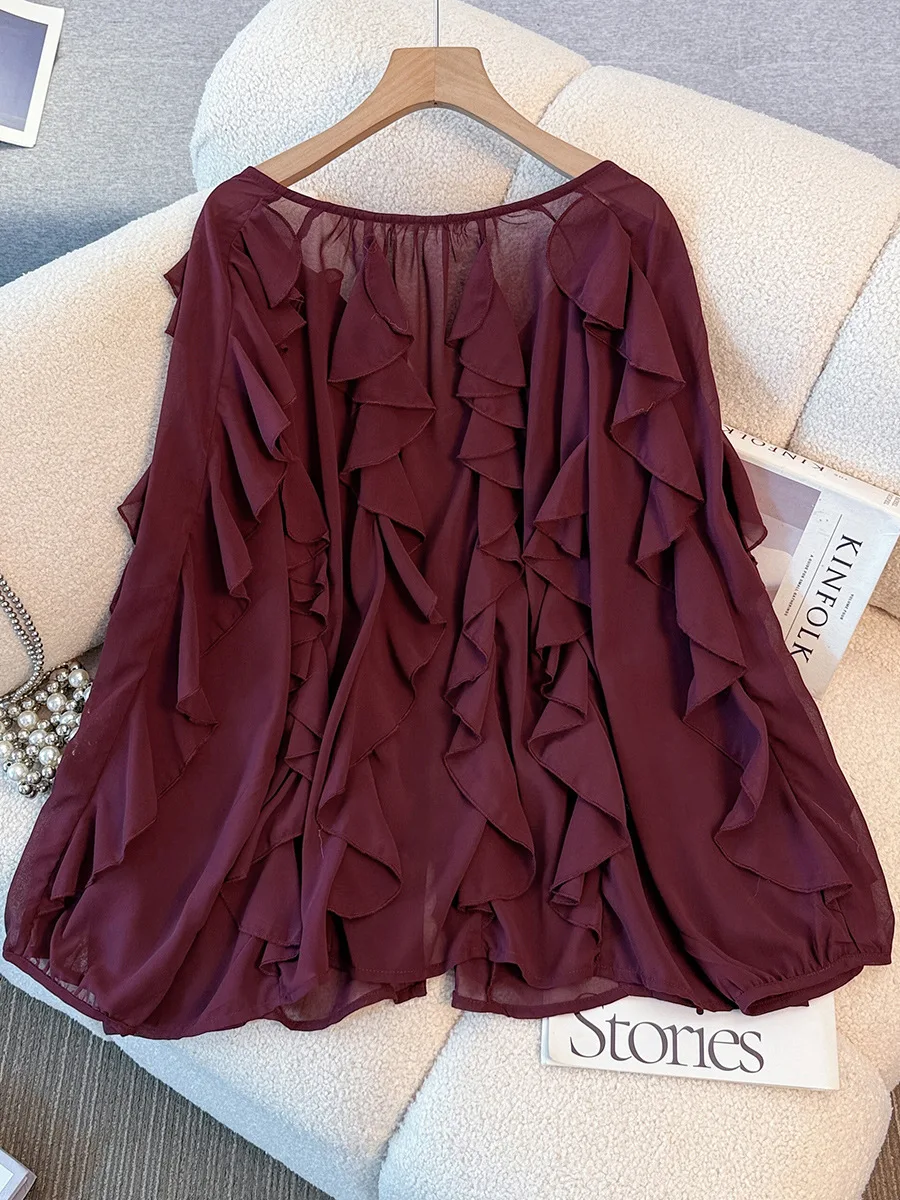 150 كجم حجم كبير المرأة التمثال 159 ربيع الخريف بأكمام طويلة الخامس الرقبة الدانتيل قميص كشكش حافة أعلى 5XL 6XL 7XL 8XL 9XL