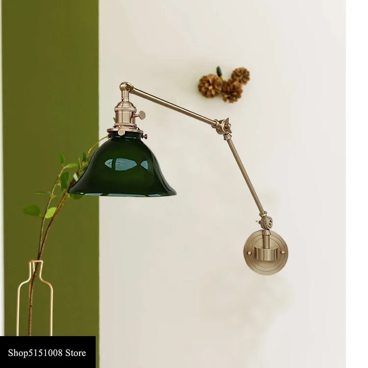 Brass Glass led Wall Lamps Japanese Retro Long Rod Rocker Retractable Folding wall light Bedroom Bedside All Copper Light Luxury